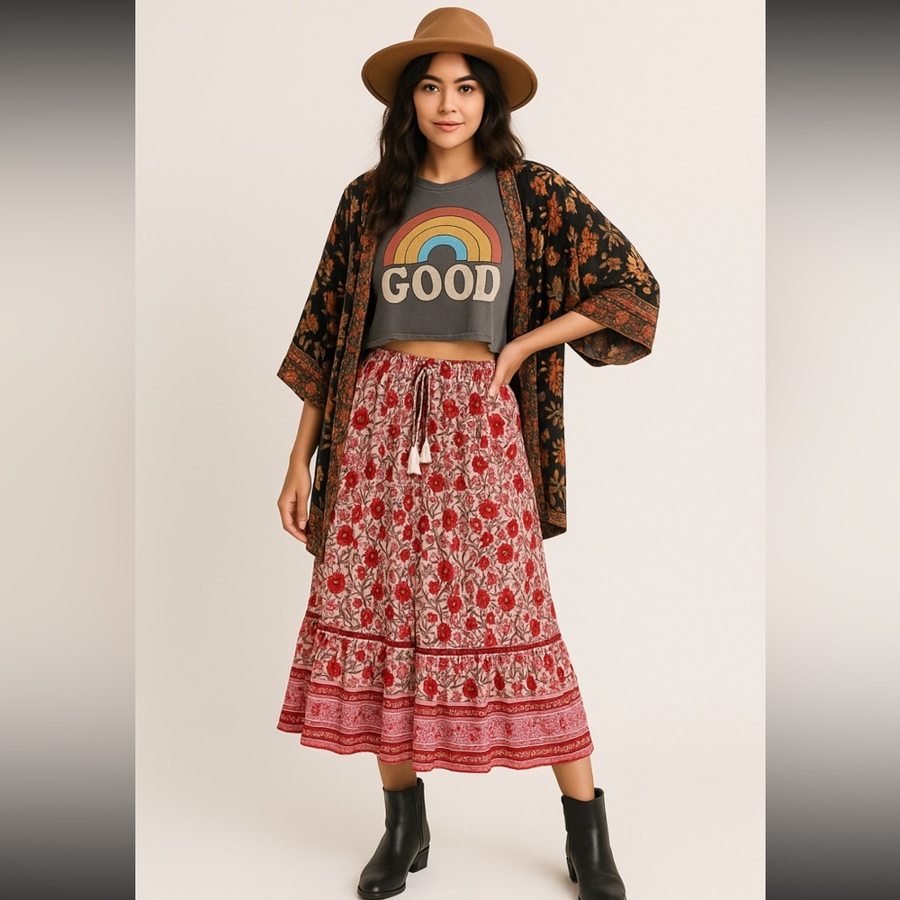 Floral Red Maxi Skirt